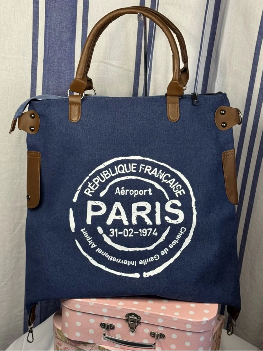 Paris Republique Large Canvas Stamped Messenger Bag with Vegan Leather Accents - Picture 4 of 11